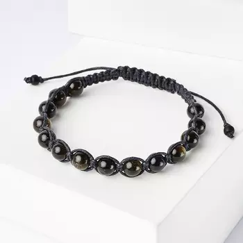 Браслет обсидиан золотистый (текстиль) шамбала 6 мм 16 см