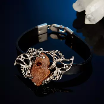 Браслет янтарь (серебро 925 пр. позолота, родир. сер., кожа натур.) 18 см