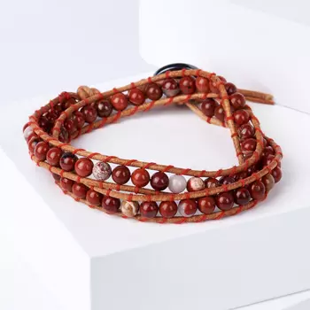 Браслет яшма красная (биж. сплав, кожа натуральная) Чан Лу чокер 4,5 мм 16 см