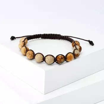 Браслет яшма рисунчатая (песочная) (текстиль) шамбала 8 мм 17 см (регулируемый)