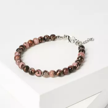 Браслет родонит 6 мм 17 см (+3 см) (сталь, биж. сплав)