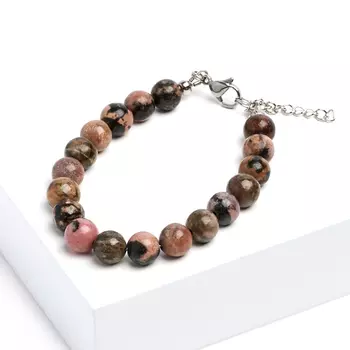 Браслет родонит 8 мм 16 см (+3 см) (сталь хир., биж. сплав)