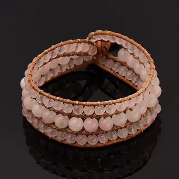 Браслет розовый кварц (биж. сплав, кожа натур.) Чан Лу 17 см