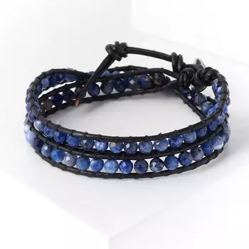 Браслет содалит (биж. сплав, кожа натуральная) Чан Лу чокер огранка 4 мм 16-17 см