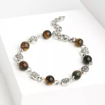 Браслет тигрово-соколиный глаз (биж. сплав, сталь хир.) 6 мм 17 см (+3 см)