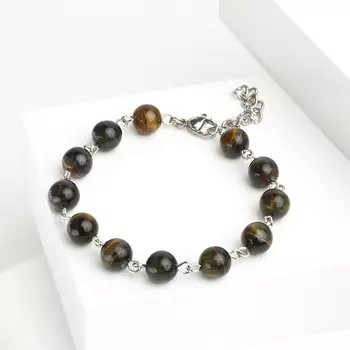 Браслет тигрово-соколиный глаз (биж. сплав, сталь хир.) 8 мм 16 см (+3 см)