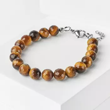 Браслет тигровый глаз (биж. сплав, сталь хир.) огранка 8 мм 17 см (+3 см)