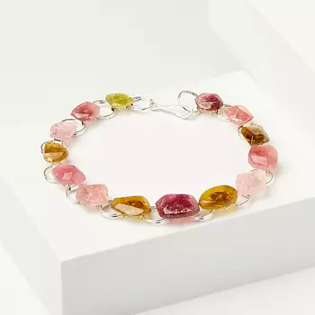 Браслет турмалин коричневый (дравит), розовый (рубеллит) (биж. сплав посеребр.) огранка 19 см