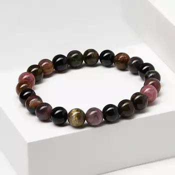 Браслет турмалин зеленый (верделит), коричневый (дравит), розовый (рубеллит) 8 мм 16 см