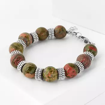 Браслет унакит (биж. сплав, сталь хир.) 12 мм 17 см (+3 см)