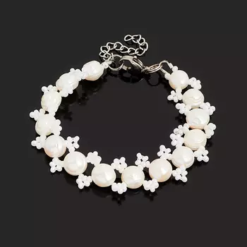 Браслет жемчуг белый 7 мм 17 см (+3 см) (сталь хир., биж. сплав)