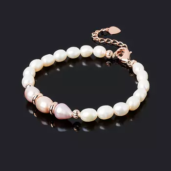 Браслет жемчуг белый, лавандовый (биж. сплав) 15 см (+4 см)