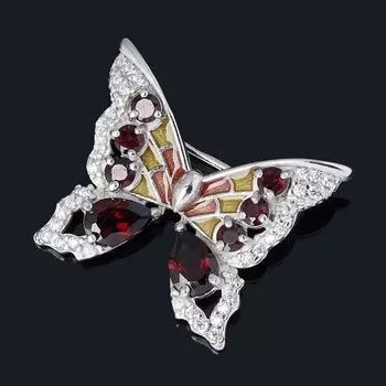 Брошь гранат альмандин (серебро 925 пр. родир. бел., эмаль) огранка