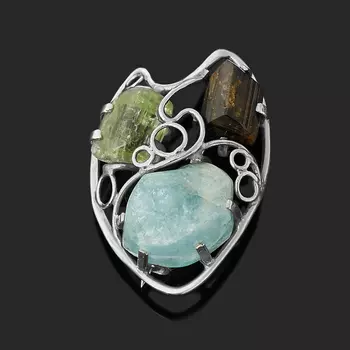 Брошь микс аквамарин, берилл, турмалин (нейзильбер)