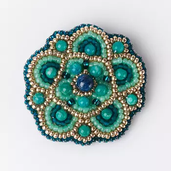 Брошь микс амазонит, кианит (биж. сплав, кожа натуральная)