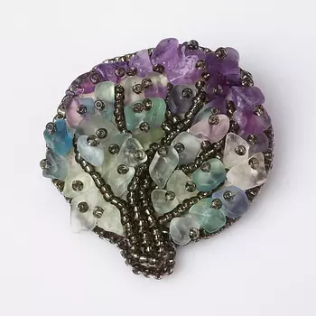 Брошь микс аметист, флюорит (биж. сплав, кожа натуральная)