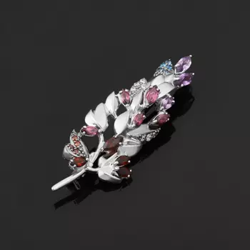 Брошь микс аметист, гранат (серебро 925 пр. родир. бел., родир. черн.) огранка