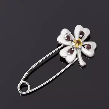 Брошь микс гранат, цитрин (серебро 925 пр. родир. бел.) огранка (булавка)