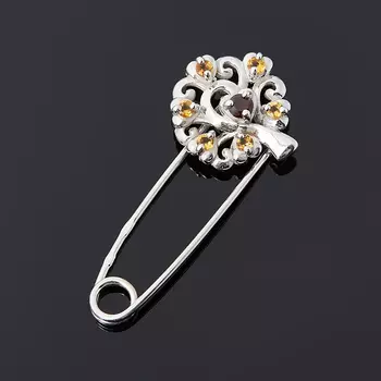 Брошь микс гранат, цитрин (серебро 925 пр. родир. бел.) огранка (булавка)