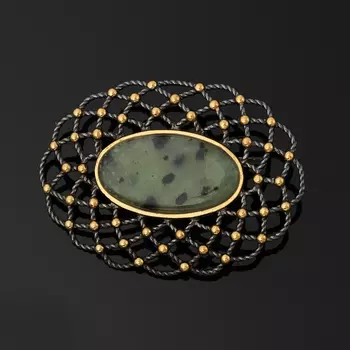 Брошь нефрит зеленый (серебро 925 пр. позолота, родир. черн.)