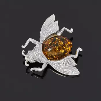 Брошь янтарь (латунь посеребр.)