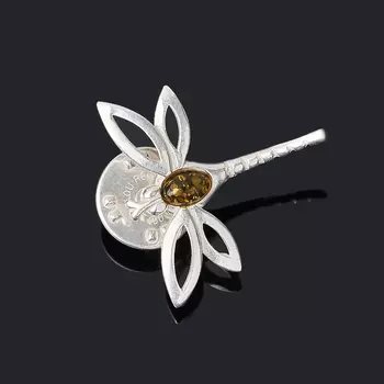 Брошь янтарь (латунь посеребр.)