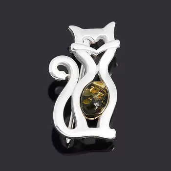 Брошь янтарь (латунь посеребр.)