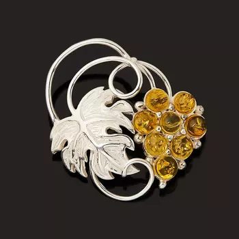 Брошь янтарь (латунь посеребр.)