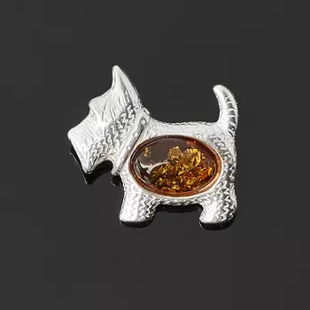 Брошь янтарь (латунь посеребр.)