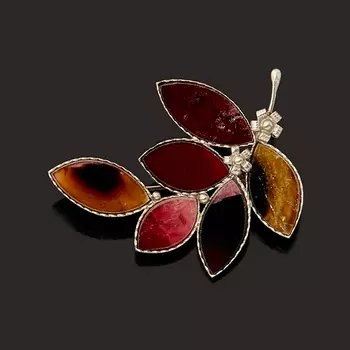 Брошь турмалин коричневый (дравит), розовый (рубеллит) (мельхиор)