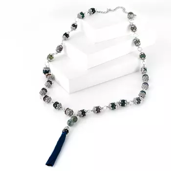 Бусы агат моховой (биж. сплав, текстиль) (сотуар) длинные 10 мм 75 см