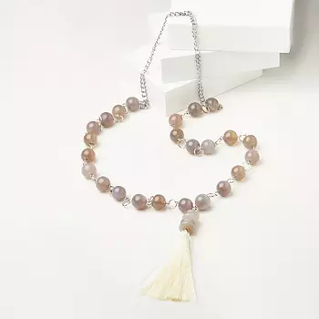 Бусы агат серый (биж. сплав, сталь хир., текстиль) (сотуар) длинные 12 мм 70 см