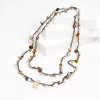 Бусы микс агат, кварц, рутиловый кварц (биж. сплав, текстиль) (плетеные) длинные 60 см