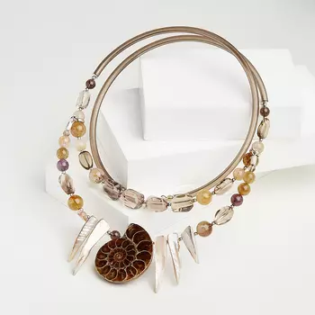 Бусы микс аметист, окаменелость, перламутр (колье) 40 см (регулируемый) (каучук, биж. сплав)