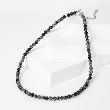 Бусы обсидиан снежный (биж. сплав, сталь хир.) 6 мм 45 см (+7 см)