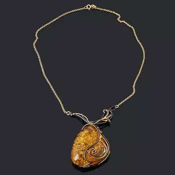 Бусы янтарь (серебро 925 пр. позолота, родир. черн.) (колье) 38 см