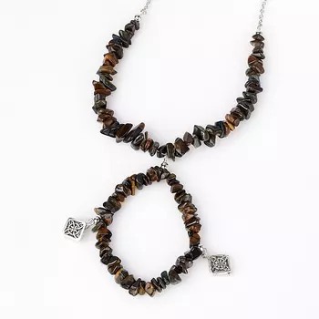 Бусы тигрово-соколиный глаз (биж. сплав, сталь хир.) (колье) длинные 60 см