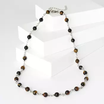 Бусы тигрово-соколиный глаз (биж. сплав, сталь хир.) 6 мм 48 см (+7 см)