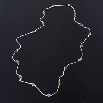 Бусы турмалин зеленый (верделит), полихромный, розовый (рубеллит) (серебро 925 пр.) (цепочка) длинные 94 см