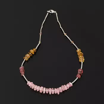 Бусы турмалин желтый (дравит), розовый (рубеллит) (биж. сплав) (колье) 43 см