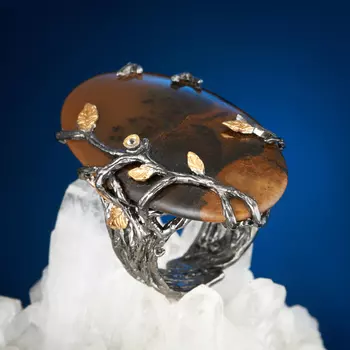Кольцо агат пейзажный (серебро 925 пр., позолота) (регулируемый) размер 17