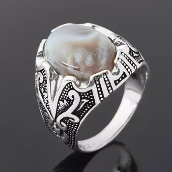 Кольцо агат серый (серебро 925 пр. оксидир.) размер 22