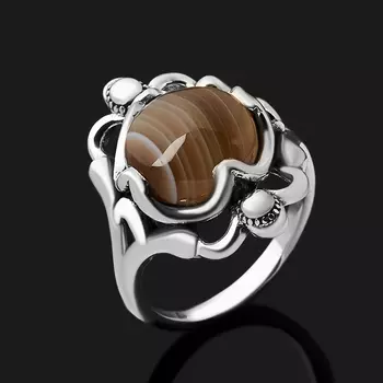 Кольцо агат серый (серебро 925 пр. оксидир.) размер 18