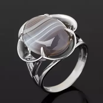 Кольцо агат серый (серебро 925 пр. родир. бел.) размер 17,5