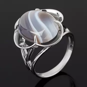 Кольцо агат серый (серебро 925 пр. родир. бел.) размер 18,5