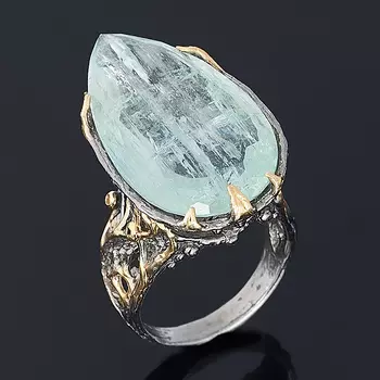 Кольцо аквамарин (серебро 925 пр. позолота, родир. черн.) огранка размер 18,5