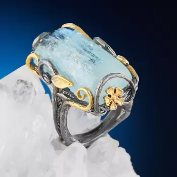 Кольцо аквамарин (серебро 925 пр. позолота, родир. сер.) размер 17,5