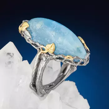 Кольцо аквамарин (серебро 925 пр. позолота, родир. сер.) размер 18