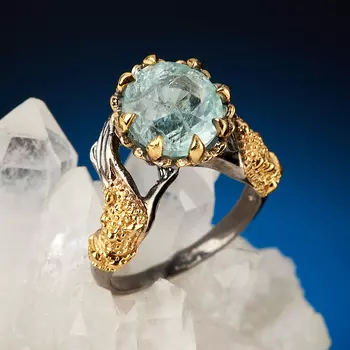 Кольцо аквамарин (серебро 925 пр. позолота, родир. черн.) огранка размер 17,5