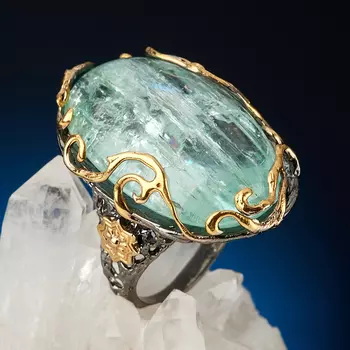 Кольцо аквамарин (серебро 925 пр. позолота, родир. черн.) размер 18,5